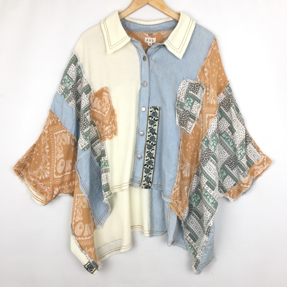 POL Light Denim Mixed Patchwork Boxy Oversized Boho Top Shacket Women’s Size M - Picture 2 of 16